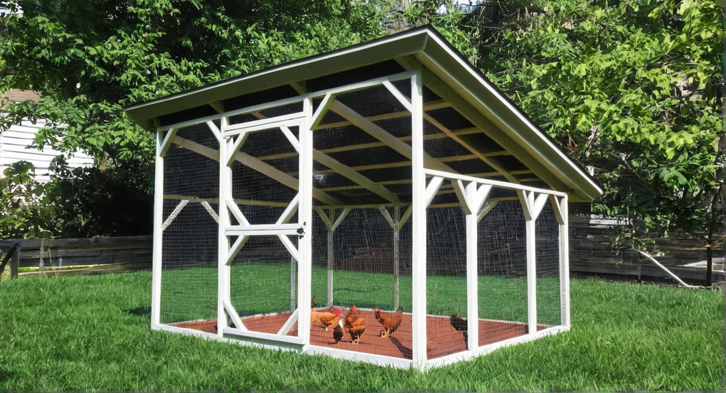 Outdoor chicken coop with a roof in a grassy area with trees in the background