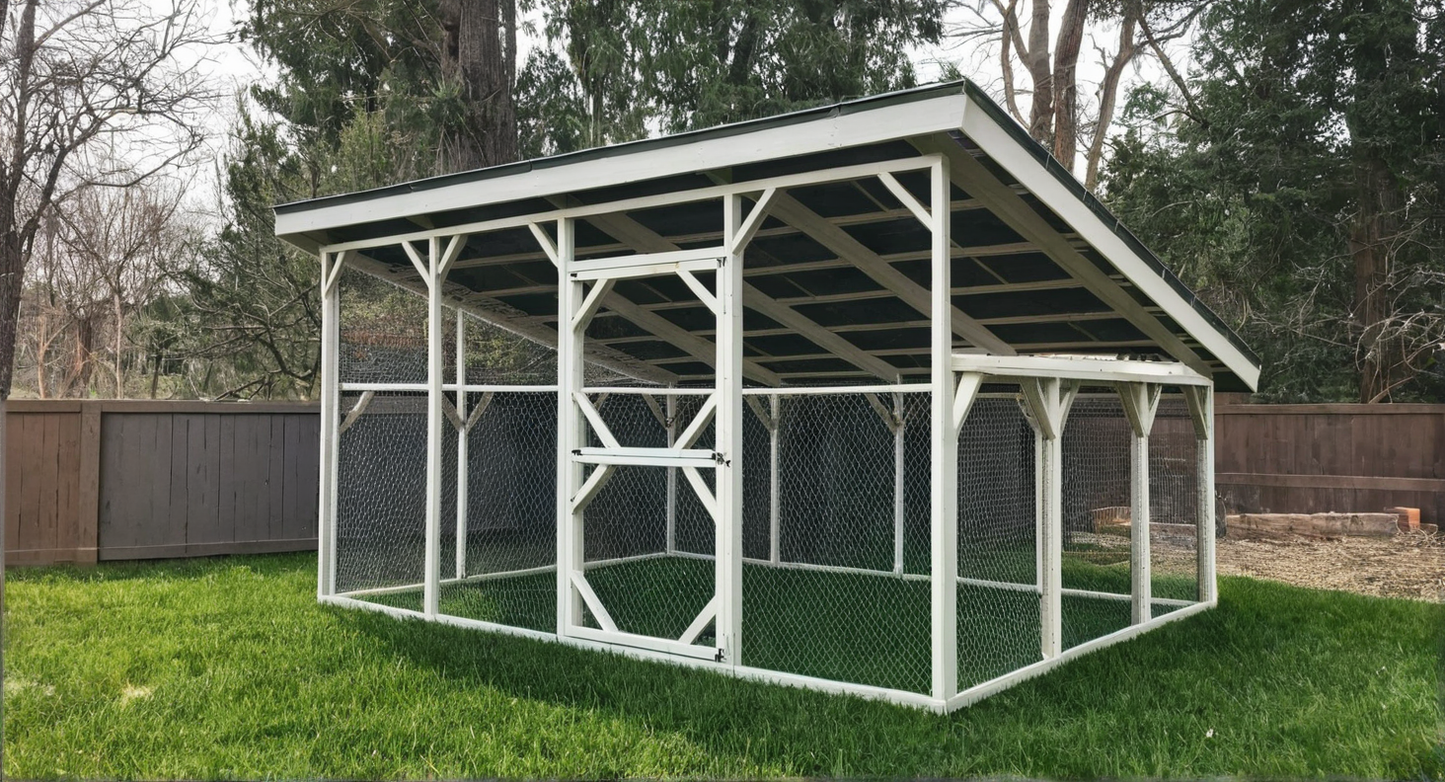 Large outdoor chicken coop with a roof in a backyard setting