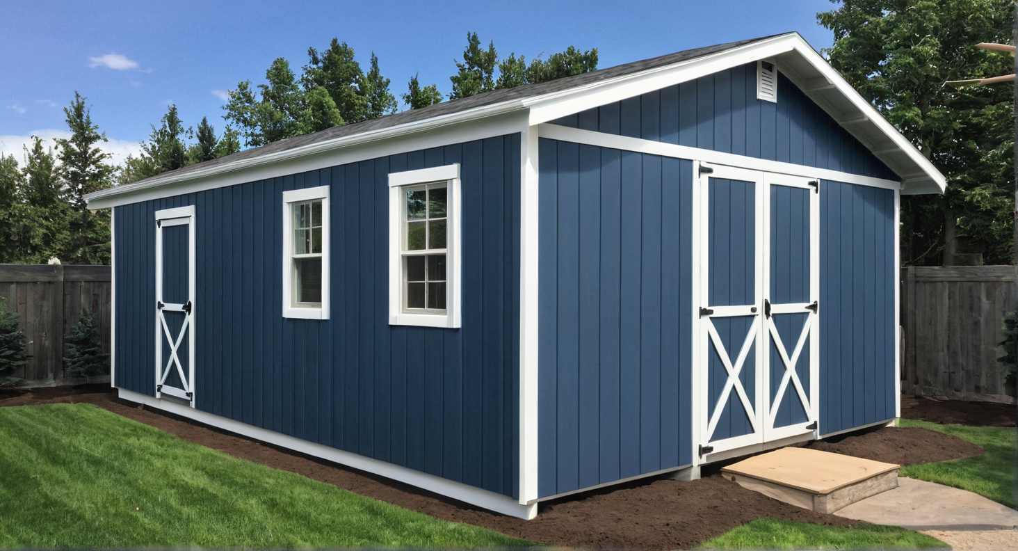 Blue storage shed with white trim in a backyard setting