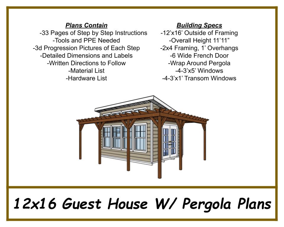 Guest House Plans w/ Pergola 12x16 - PDF Download