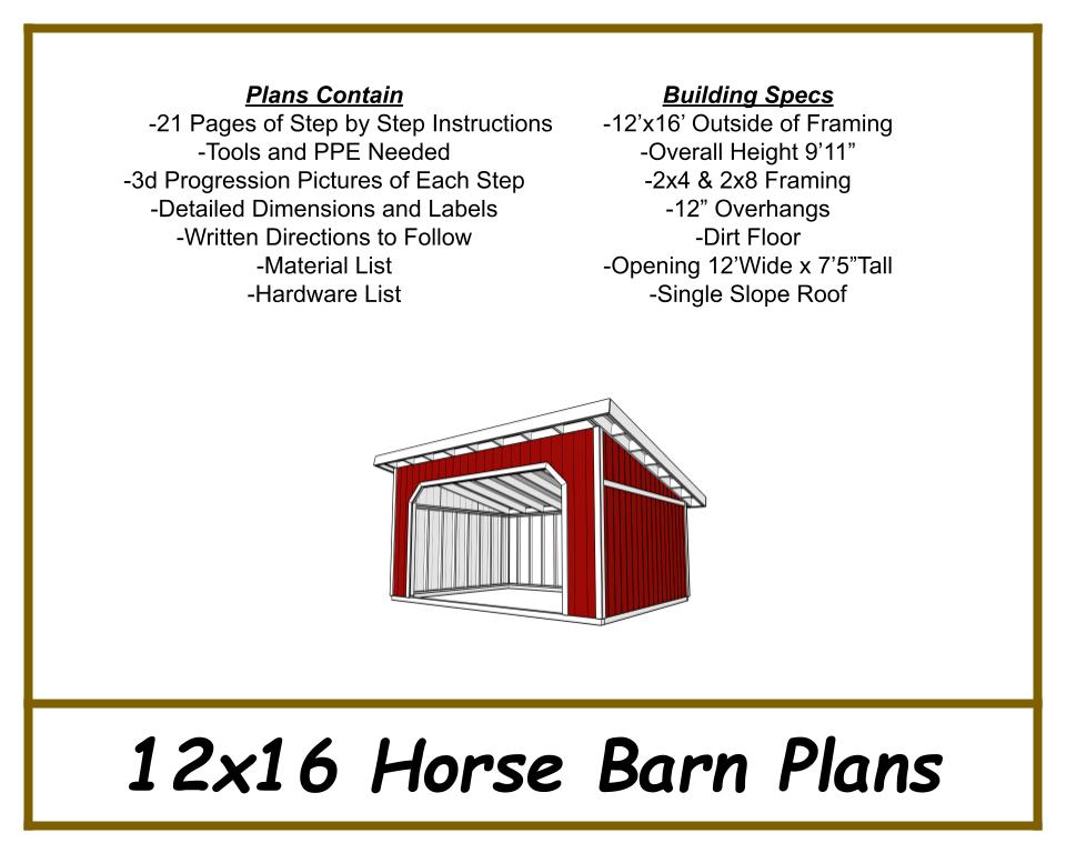 12x16 Horse Barn Plans - 1 Stall
