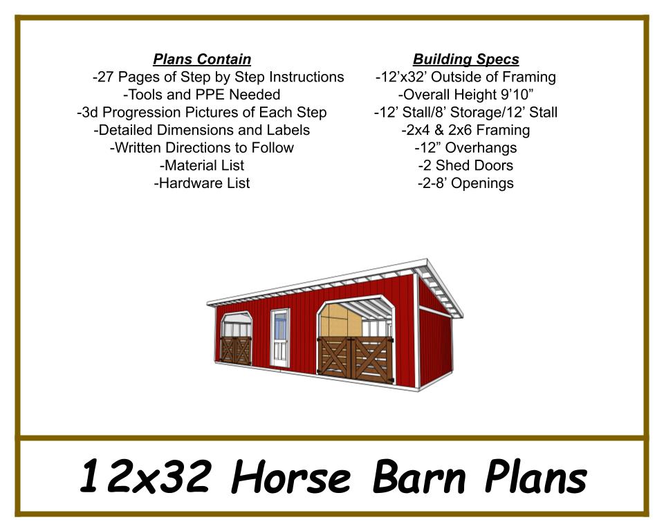 12x32 Horse Barn Plans - 2 Stalls with Storage