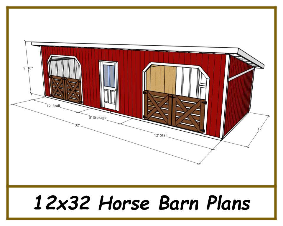 12x32 Horse Barn Plans - 2 Stalls with Storage
