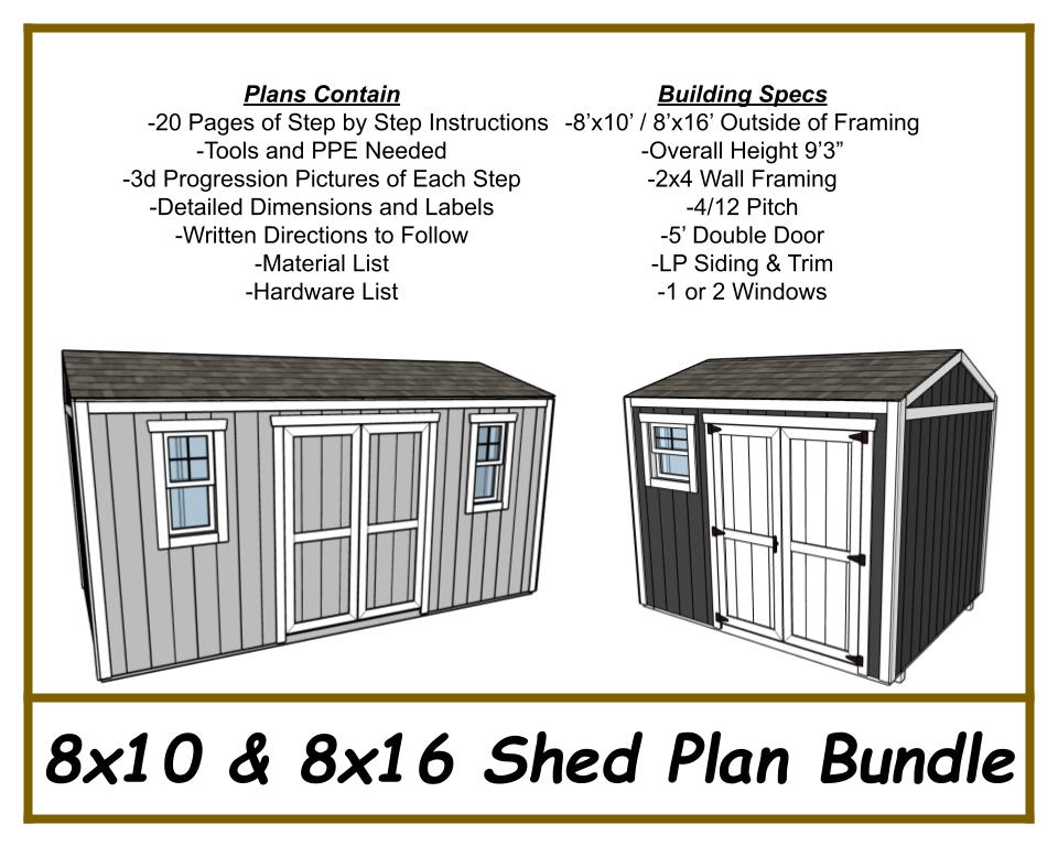 8x10 & 8x16 Side Door Shed Plan Bundle-TriCityShedPlans