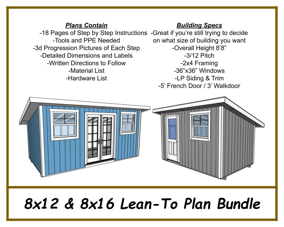 8x12 & 8x16 Lean-To Shed Plan Bundle-TriCityShedPlans