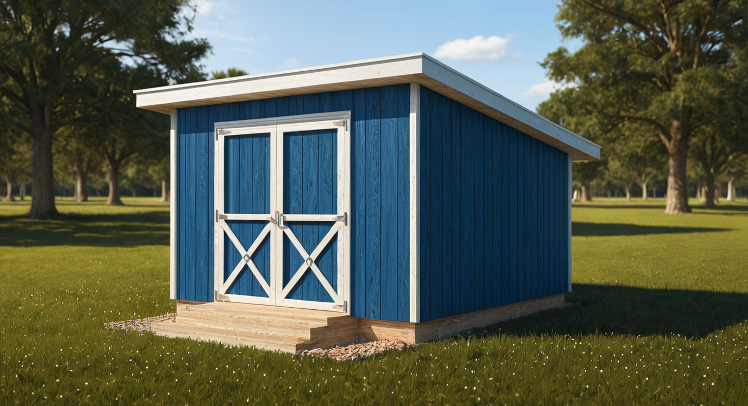 Lean To Shed In Backyard with Blue siding