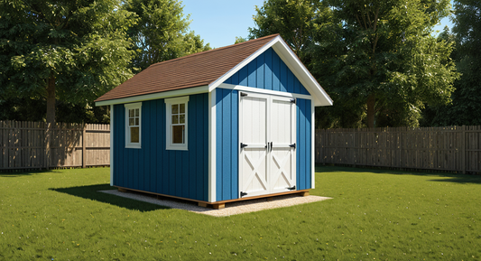 Blue storage shed with white doors in a backyard setting
