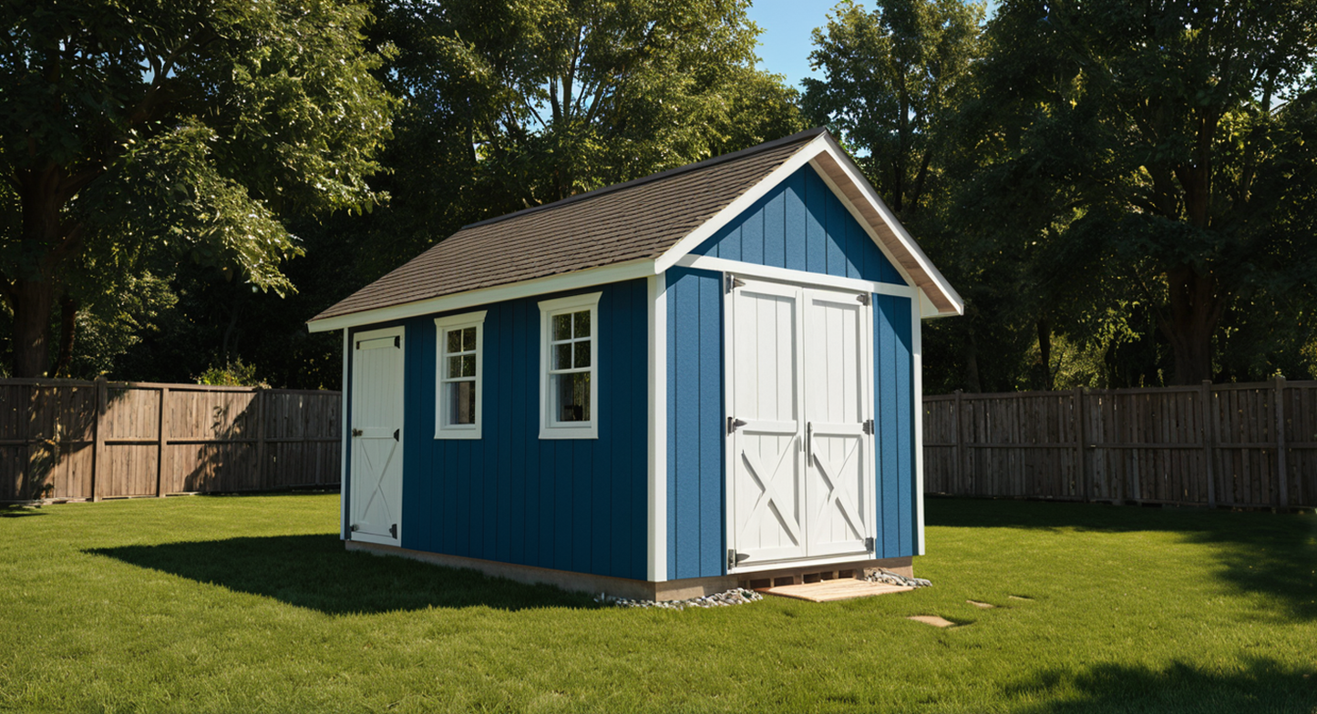 Blue storage shed with white doors in a backyard setting
