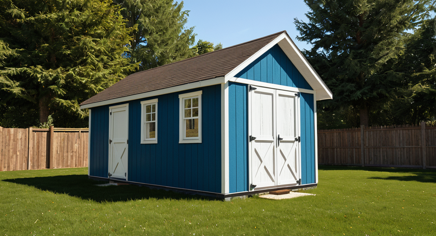 Blue storage shed with white doors on a grassy area with trees in the background