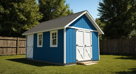 Blue storage shed with white doors in a backyard setting