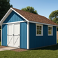 Blue storage shed with white doors and windows in a backyard setting.