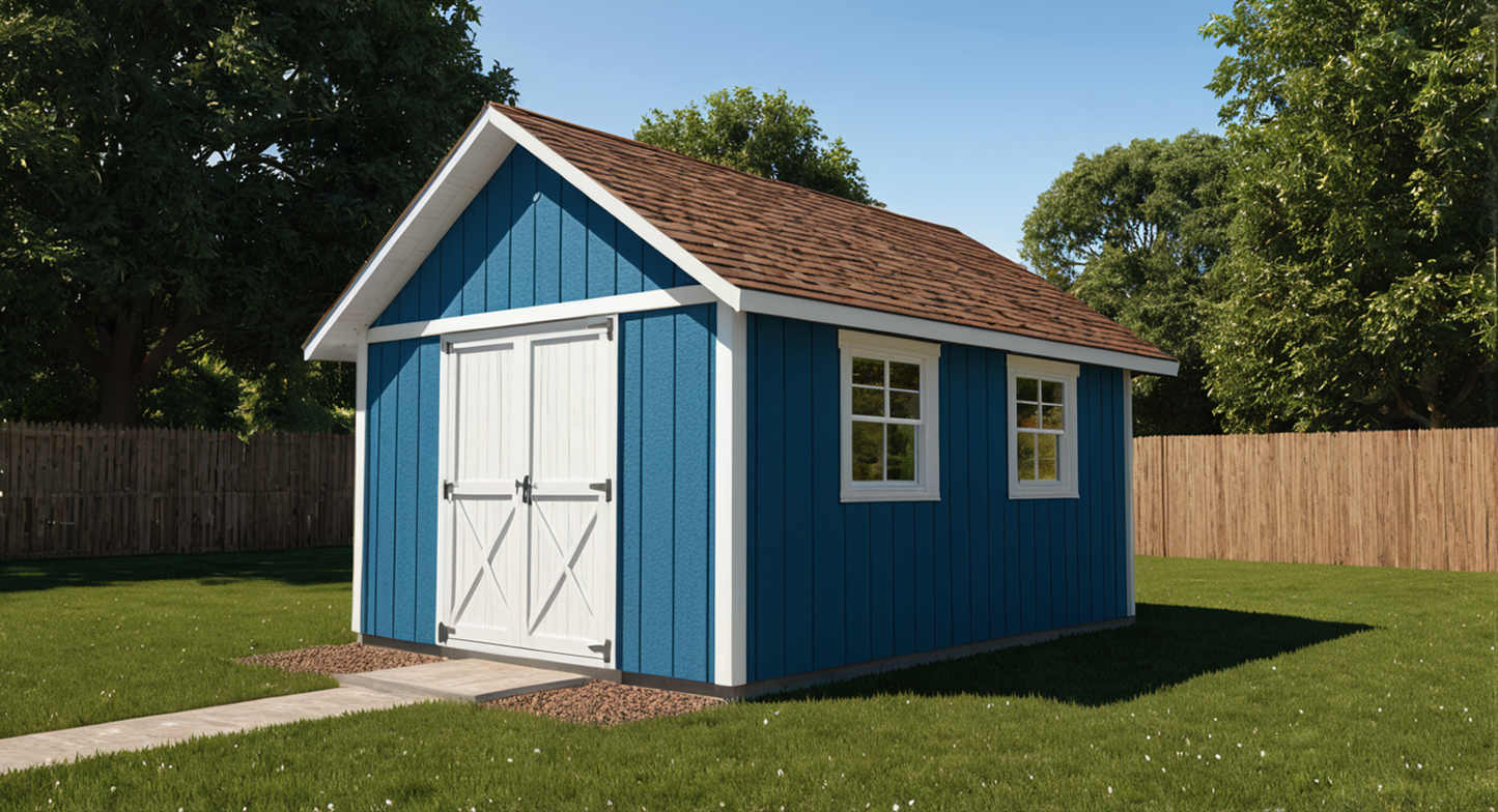 Blue storage shed with white doors and windows in a backyard setting.