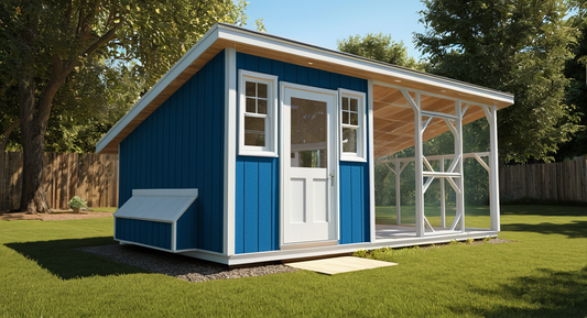 Blue Chicken Coop with white doors and windows in a backyard setting.