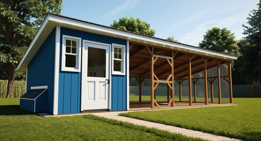 Blue Chicken Coop with a run in a grassy area