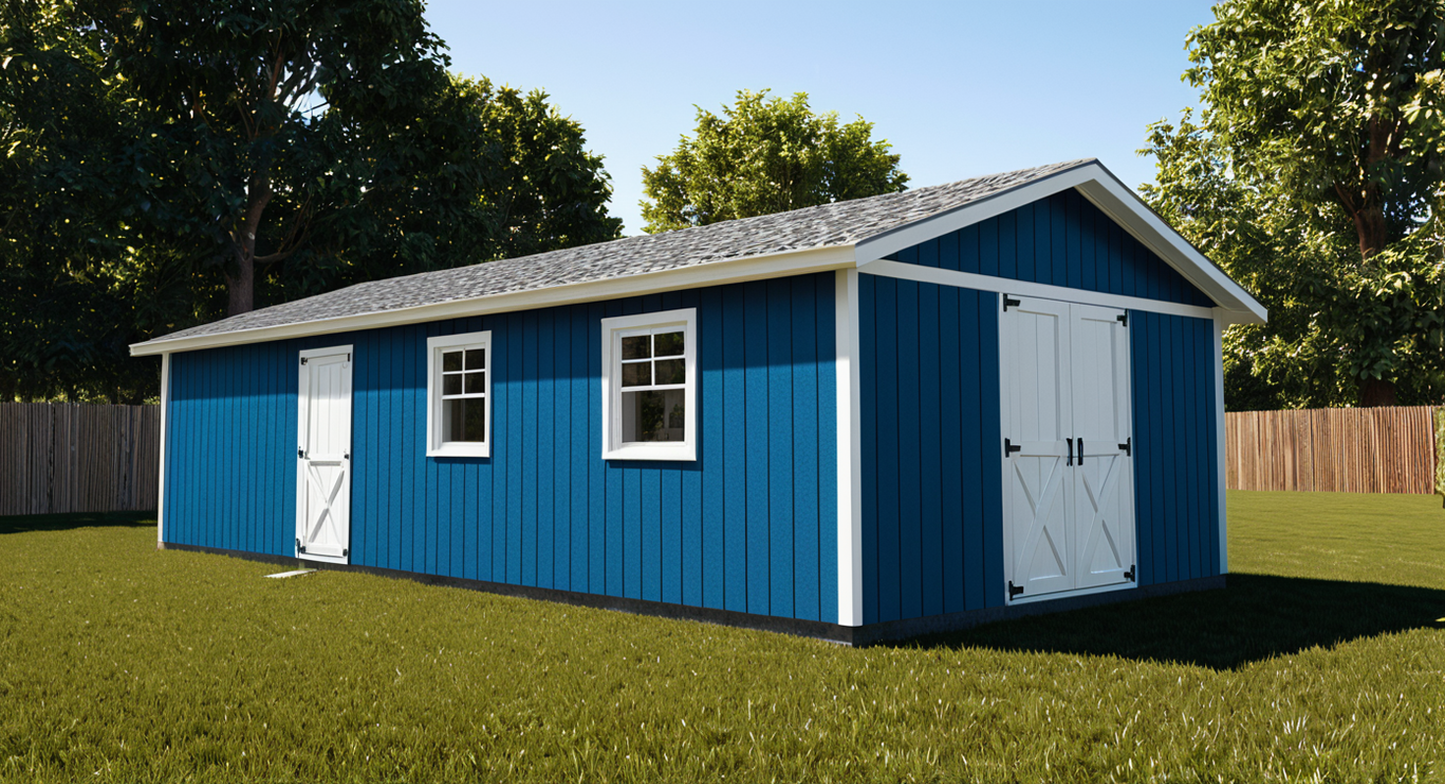 Blue storage shed with white doors on a grassy area with trees in the background