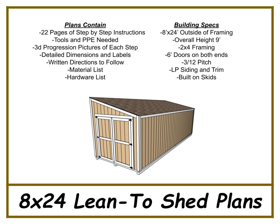 Lean-to Shed Plans 8x24 - PDF Download-TriCityShedPlans