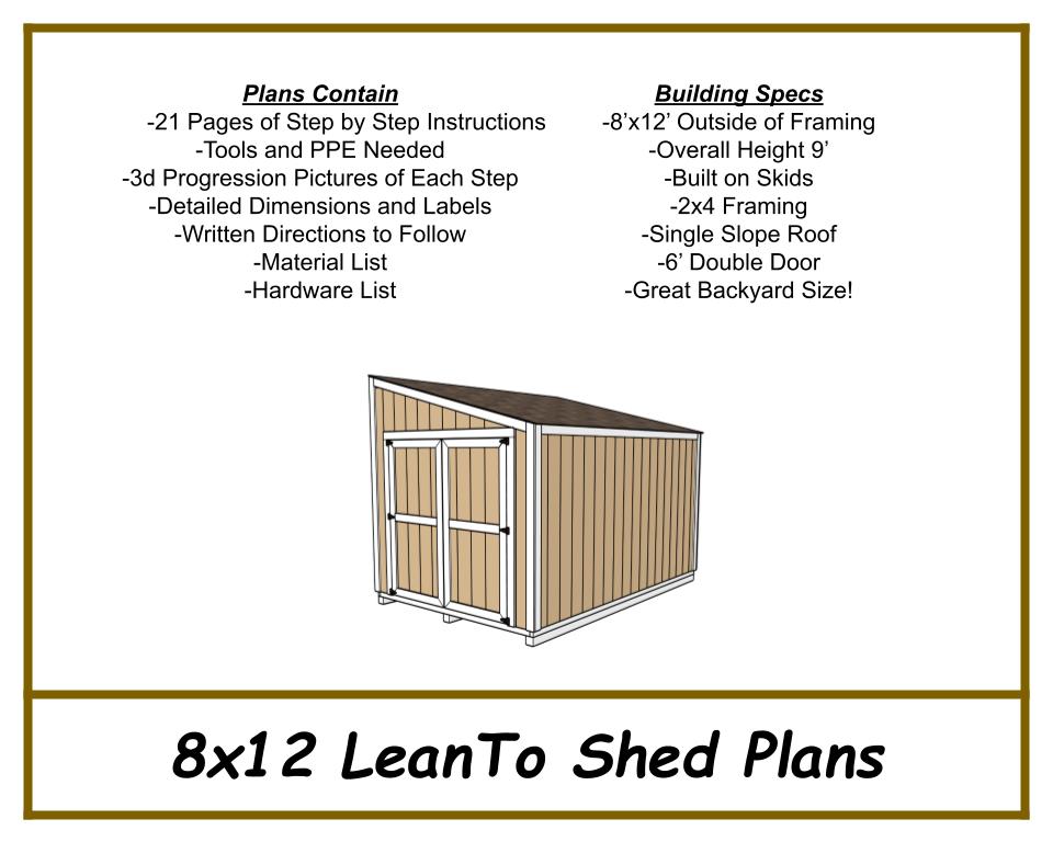 Lean-To Shed Plans 8x12 w/ End wall Doors-TriCityShedPlans