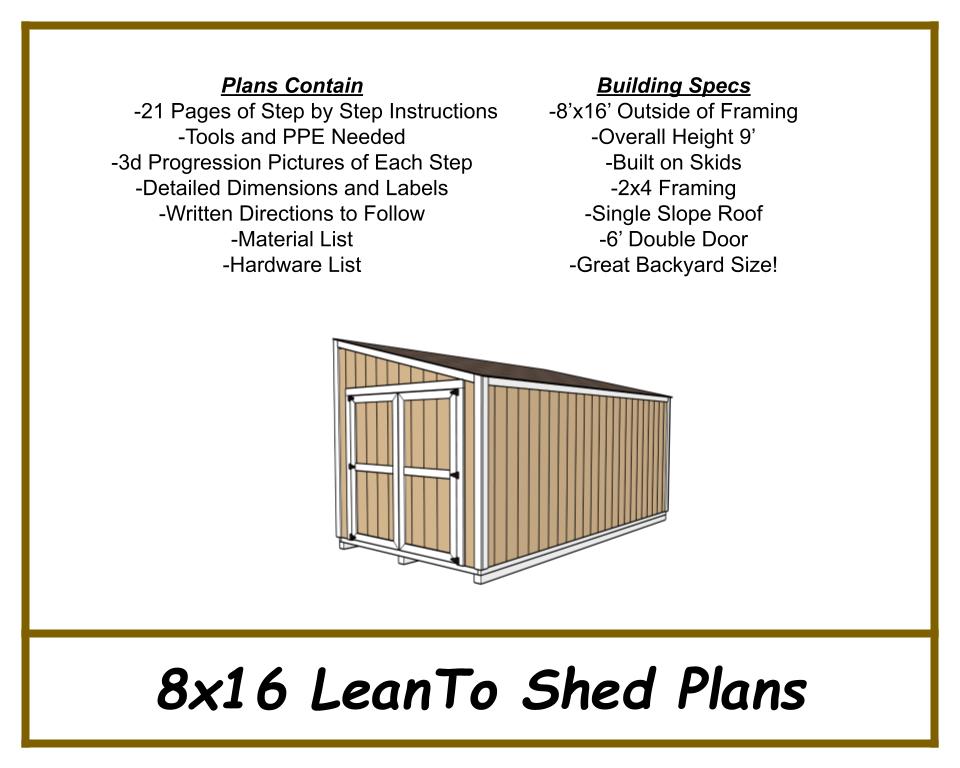 8x16 Lean-To Shed Plans w/ End wall Doors - PDF Download