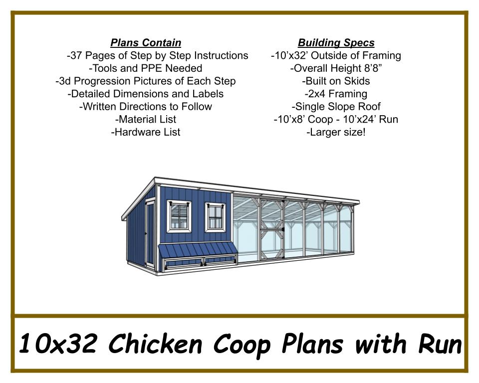 10x32 Chicken Coop Plans with Run-TriCityShedPlans