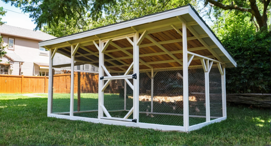 Wooden chicken coop with a roof in a backyard setting