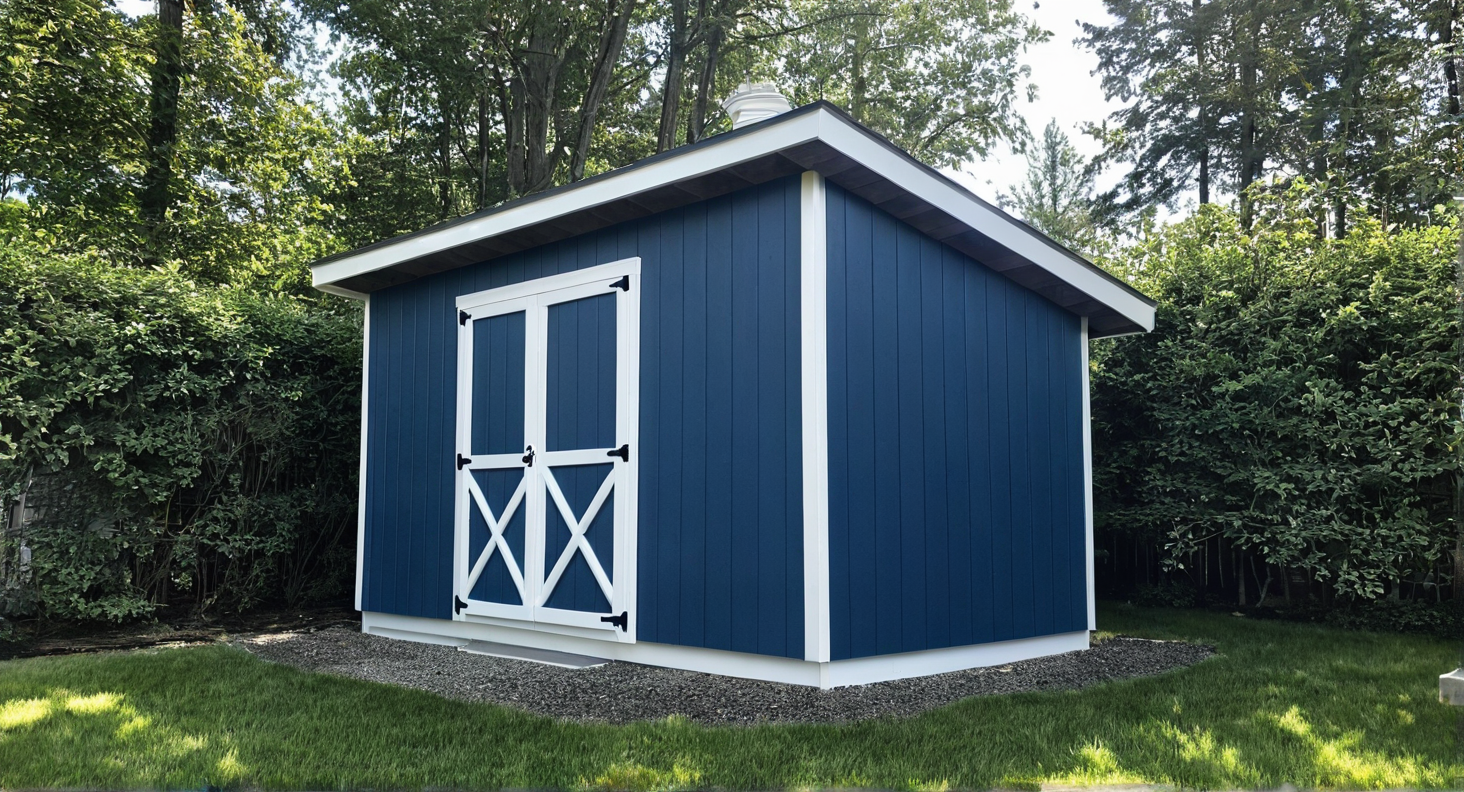 Blue storage shed with white trim in a garden setting