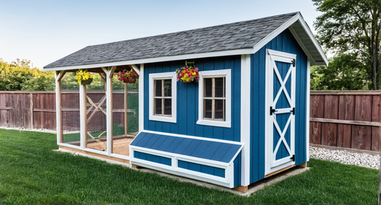 Blue and white chicken coop with a wooden fence and green grass in the background