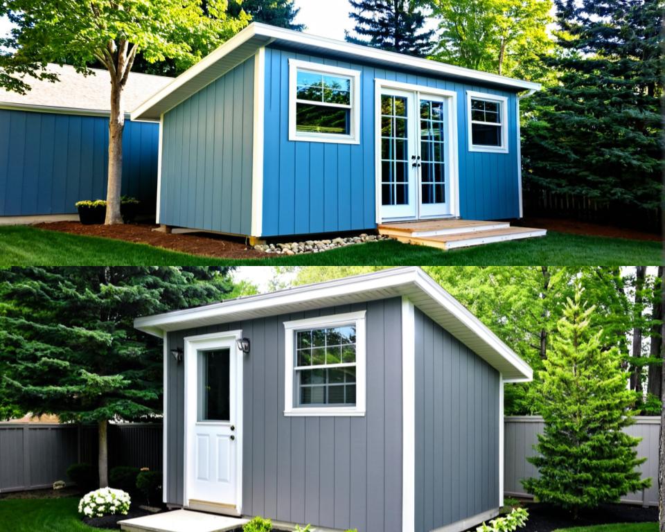 Two small sheds, one blue and one gray, with greenery in the background.