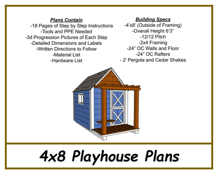 Playhouse Plans w/pergola 4x8 TriCityShedPlans